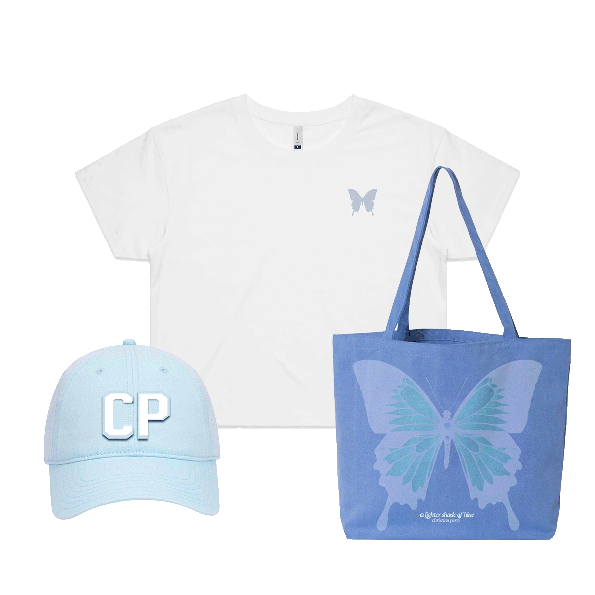 A Lighter Shade of Blue Crop Tee + Tote + Dad Cap Bundle